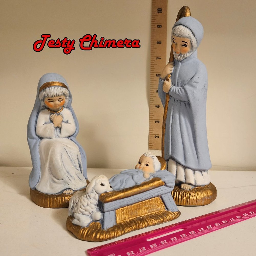 Ceramic Holy Family Nativity Set ~ Blue Pastels ~ 3-Pieces ~ Unbranded